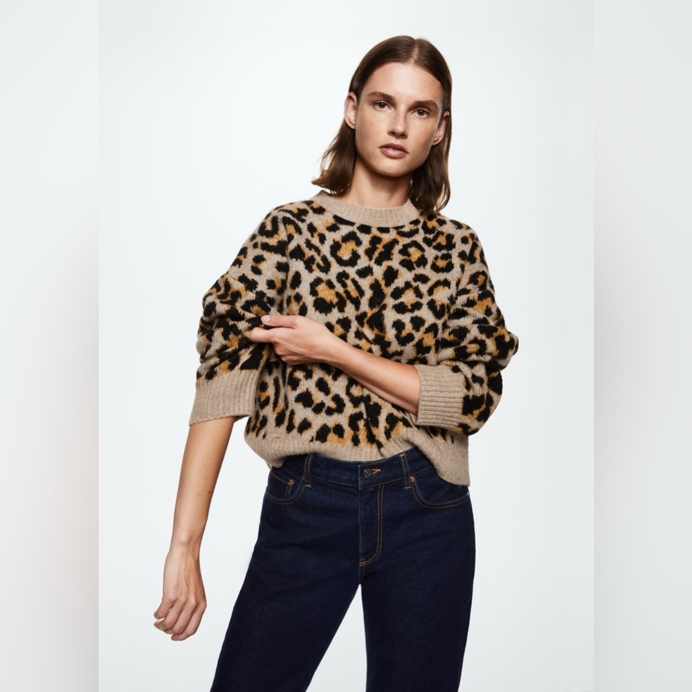 Mango Fuzzy Leopard Animal Print Oversized Sweater